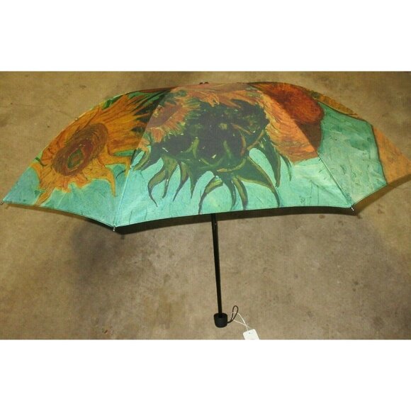 Sunflowers Van Gogh Print Compact Travel Rain Umbrella Unisex Gold Turquoise NWT - Picture 2 of 7